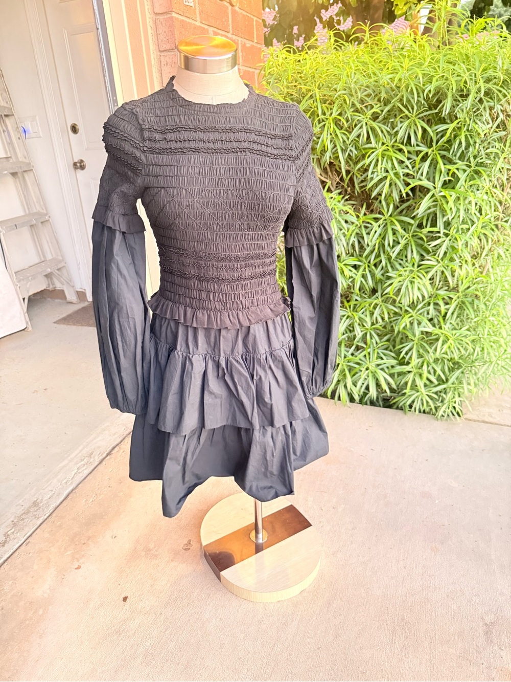 Ulla Johnson Black Smocked Long-Sleeve Tiered Mini Dress